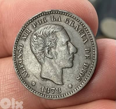 عملة عملات قديمة ٥ سنتيم إسباني الفونسو الثاني عشر ١٨٧٨