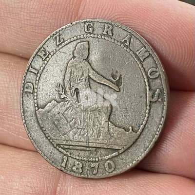 عملة قديمة ١٠ سنتيم اسباني سنة ١٨٧٠