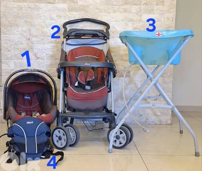 Chicco trolli, car seat, child carrier bath tub.