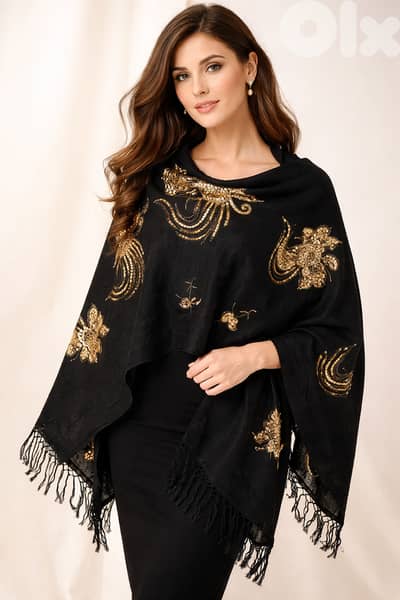 Black Shawl with Gold Embroidery – Elegant & Chic