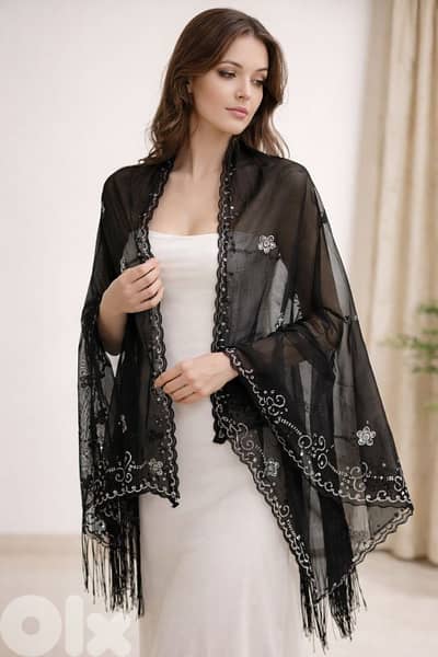 Black Sheer Embroidered Shawl