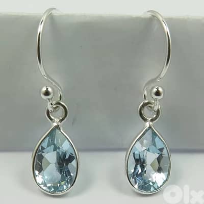 925 Sterling Silver Earings with Natural Pear Shaped Blue Topaz