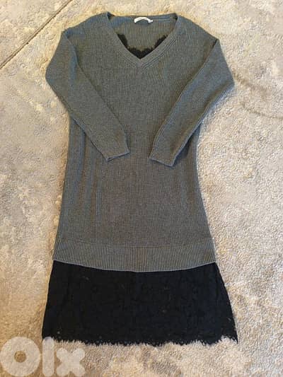 stitches & Stripes grey knit sweater dress with black lace trim Size M