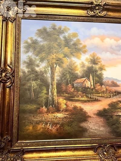 لوحة فنية كلاسيكية كبيرة مع إطار مذهب فاخر – حالة ممتازة