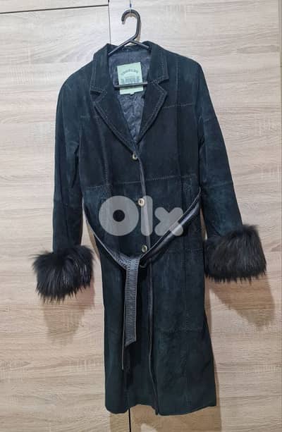 Black Leather Coat with Fur Cuffs