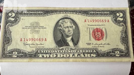 2 US red seal dollar bill from 1963