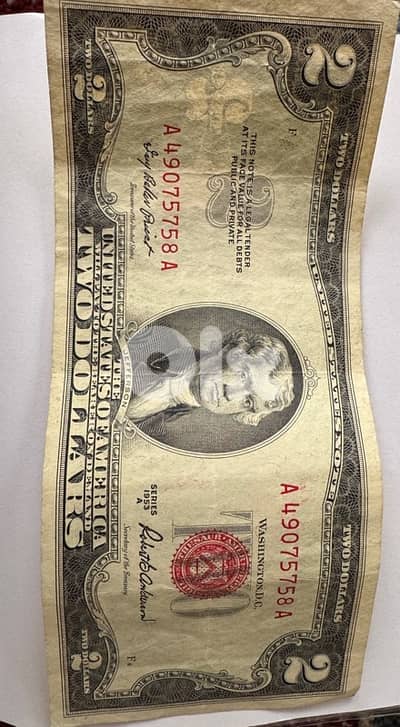 2 US red seal dollar bill from 1953 A