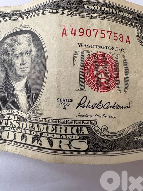 2 US red seal dollar bill from 1953 A 2