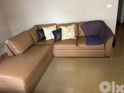 L-Shaped Sofa Bed with Storage – Beige Leather