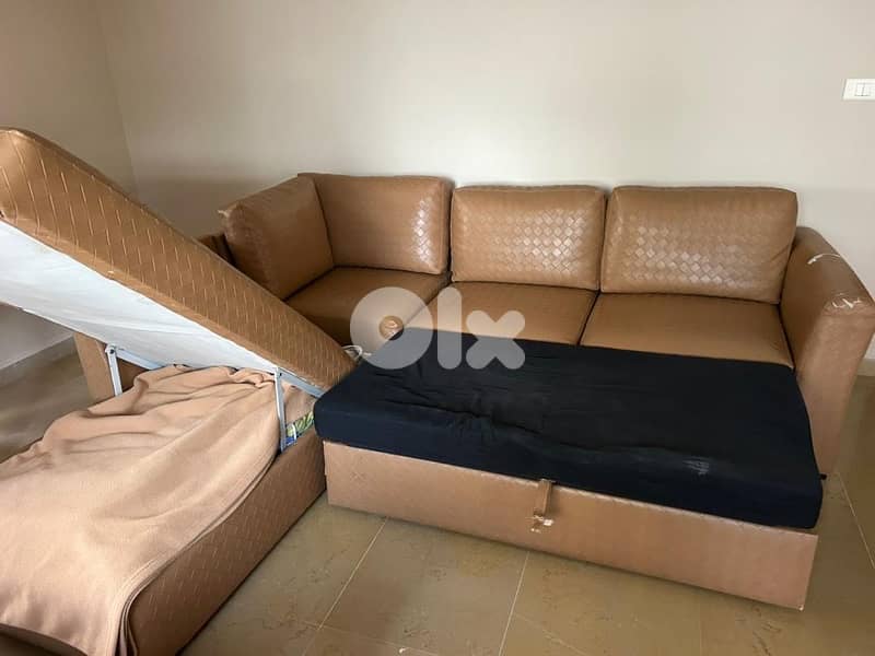 L-Shaped Sofa Bed with Storage – Beige Leather 1