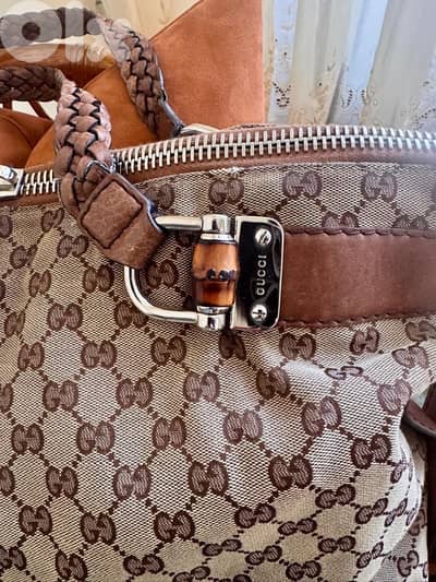 Authentic Gucci Large GG Canvas Bamboo Bar Tote Bag