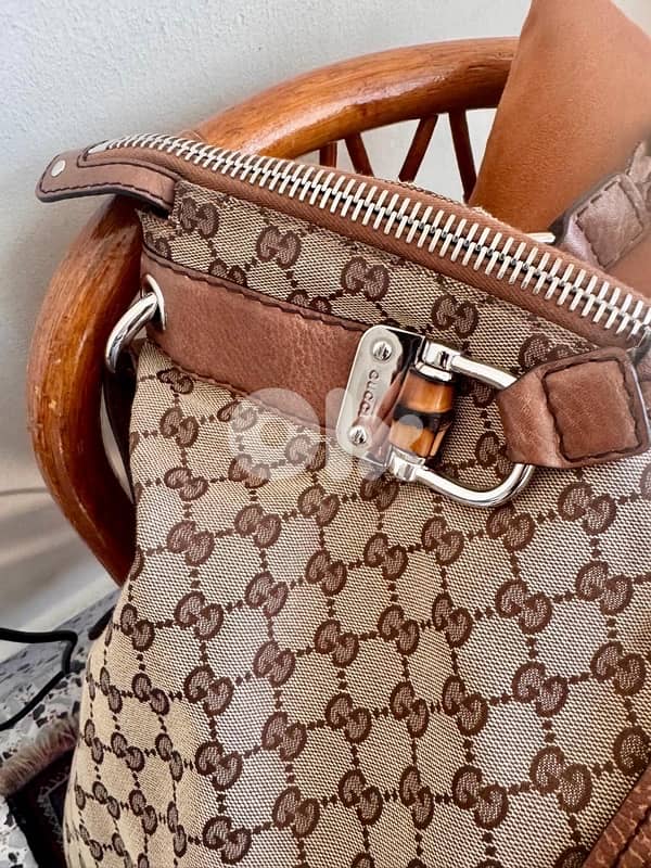 Authentic Gucci Large GG Canvas Bamboo Bar Tote Bag 1