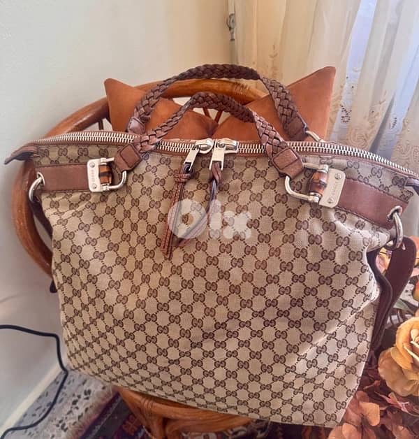 Authentic Gucci Large GG Canvas Bamboo Bar Tote Bag 2