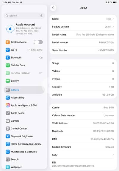 IPAD PRO M1 11 INCH 1 tb   STORAGE ACTIVATED BYPASS WORKING 100%