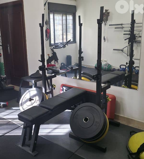 Squat and bench press rack with safety stand and plates stand 1
