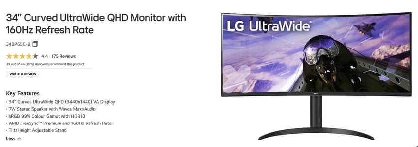 LG 34'' Curved UltraWide QHD Monitor with 160Hz Refresh Rate