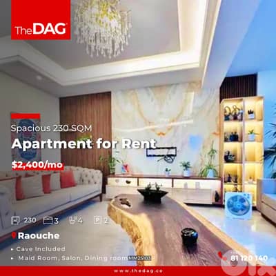 Spacious 230 SQM Apartment for Rent in Raouche شقة للإيجار