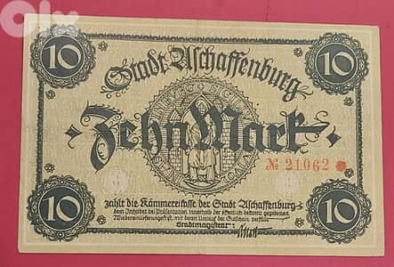 Germany Aschaffenberg WWI 1918 10 Mark emergency rare banknote VF