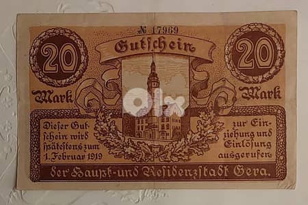 Germany Gera 1919 WWI  20 Mark rare emergency banknote VF