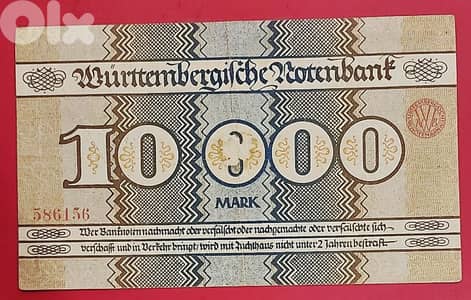 Germany state Wuerttemberg 10000 Mark 1923 Rare banknote