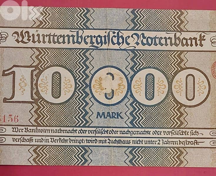 Germany state Wuerttemberg 10000 Mark 1923 Rare banknote 2