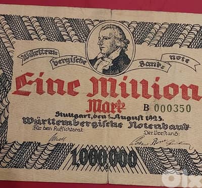 Germany state Wuerttemberg 1 million Mark 1923 Rare banknote