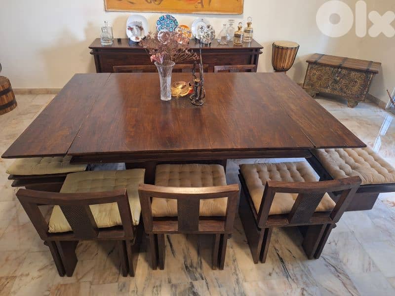 dining table solid rose wood 6 chairs two bench with dresser 1