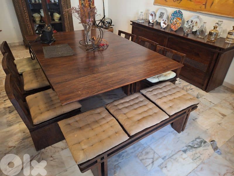 dining table solid rose wood 6 chairs two bench with dresser 4