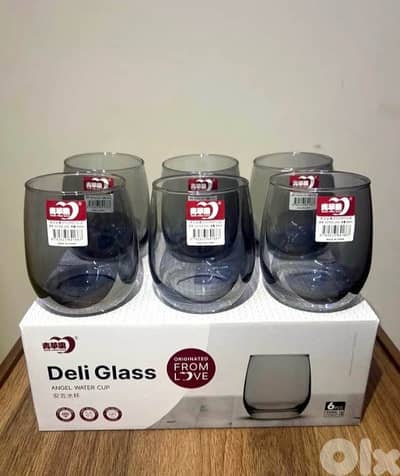 طقم كاسات فخم مودرن رمادي دخاني – 6 قطع | جديدة بالكرتونة