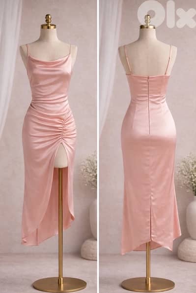 Blush Pink Satin Midi Dress – Key Couture- Size (S/M)