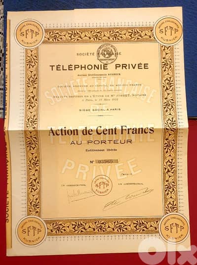 France Paris 1912 Societé Française Telephonie Action de cent Franc