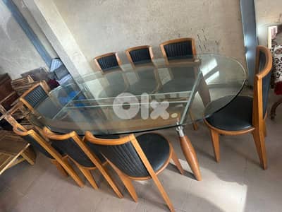طاولة سفرة شغل جورج متى خشب زان وج قزاز سميك مع 8 كراسي شبه جديد