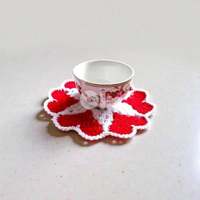 Handmade crochet heart coasters and placemats for cups and plates