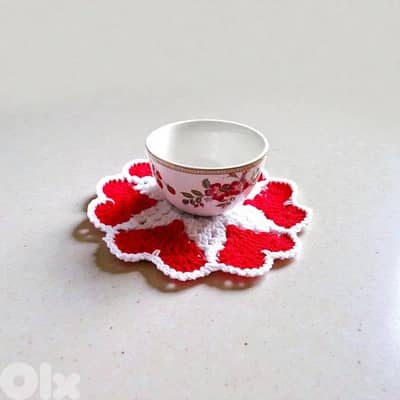 Handmade crochet heart coasters and placemats for cups and plates