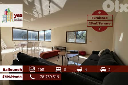 Ballouneh 160m2 | 25m2 Terrace | Rent | Furnished | New Flat | KS