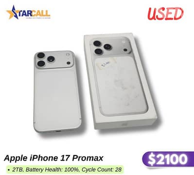 Apple iPhone 17 Promax  2TB, Battery Health: 100%, Cycle Count: 28