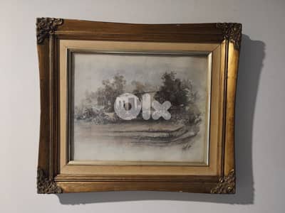 لوحة مائية عدد ٢ مع كادر خشب رسم سنة ١٩٨٣ للرسام اللبناني ج. حداد