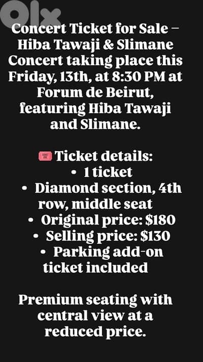 concert ticket - Hiba Tawaji & Slimane