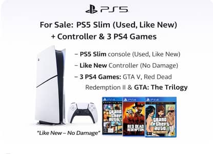 PS5 Slim (like new) + 1 controller & 3 games