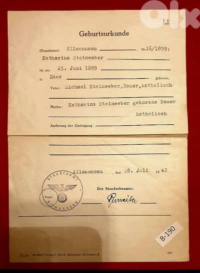 Germany 1899 birth certificate for Katharina Steinweber- # B-190