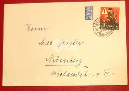 Germany 1953 posted envelope (mother and injured child stamp)