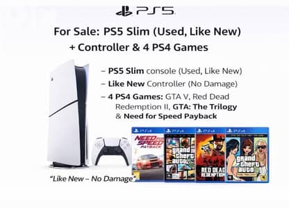 PS5 Slim (Excellent Condition) + 4 Top Games + 1 controller used