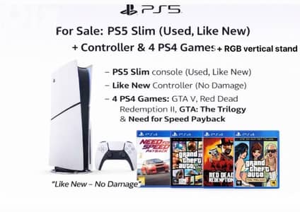 Used PS5 Slim Bundle –used Controller, 4 Games & RGB Stand