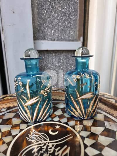 Pair of Antique Moser Bohemian Blue Glass Perfume Bottles