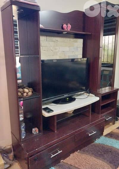 Dark Wood TV Unit with Stone Back Panel & Storage