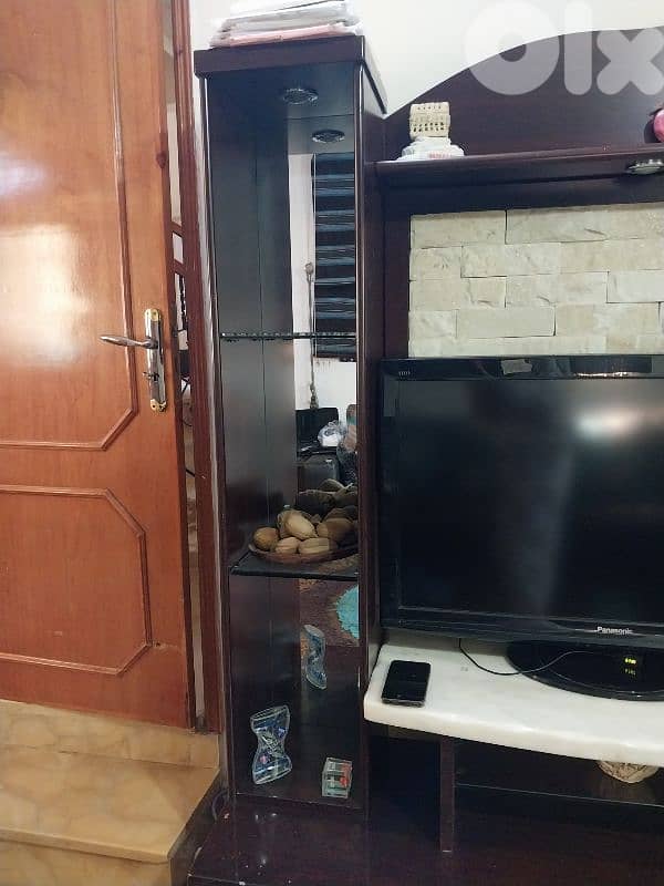 Dark Wood TV Unit with Stone Back Panel & Storage 1