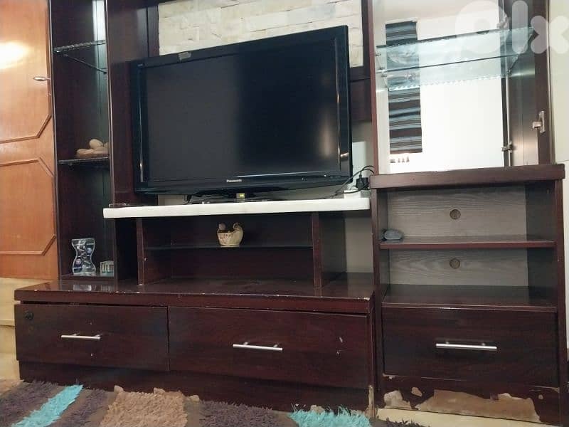 Dark Wood TV Unit with Stone Back Panel & Storage 2