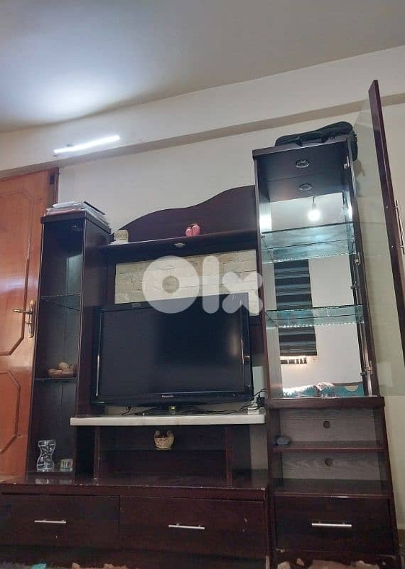 Dark Wood TV Unit with Stone Back Panel & Storage 3