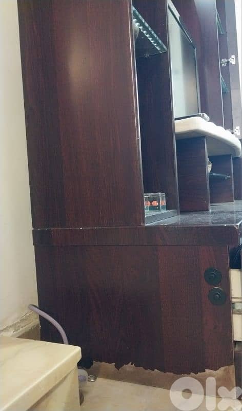 Dark Wood TV Unit with Stone Back Panel & Storage 4