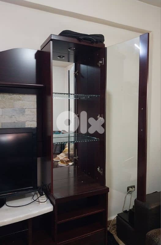 Dark Wood TV Unit with Stone Back Panel & Storage 6